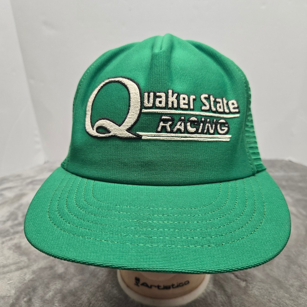 Vintage Quaker State Racing Trucker Hat Green Mesh Snapback Made in USA Cap